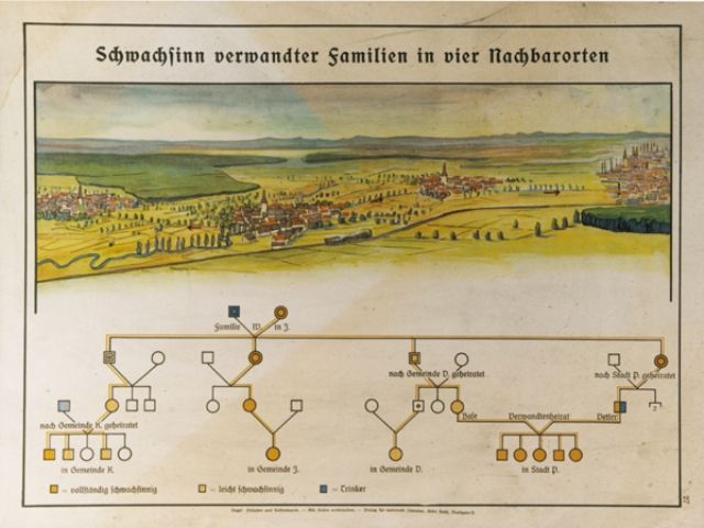 Eugenics poster entitled -Feeble-mindedness in related families in four neighboring towns.